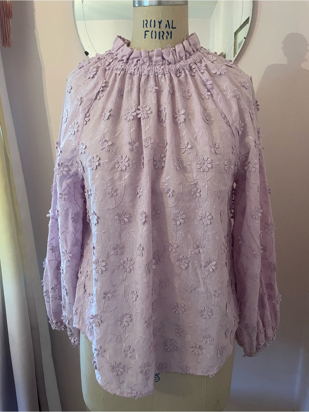 Ann Taylor Lavender Floral Applique Smocked Neck Blouse